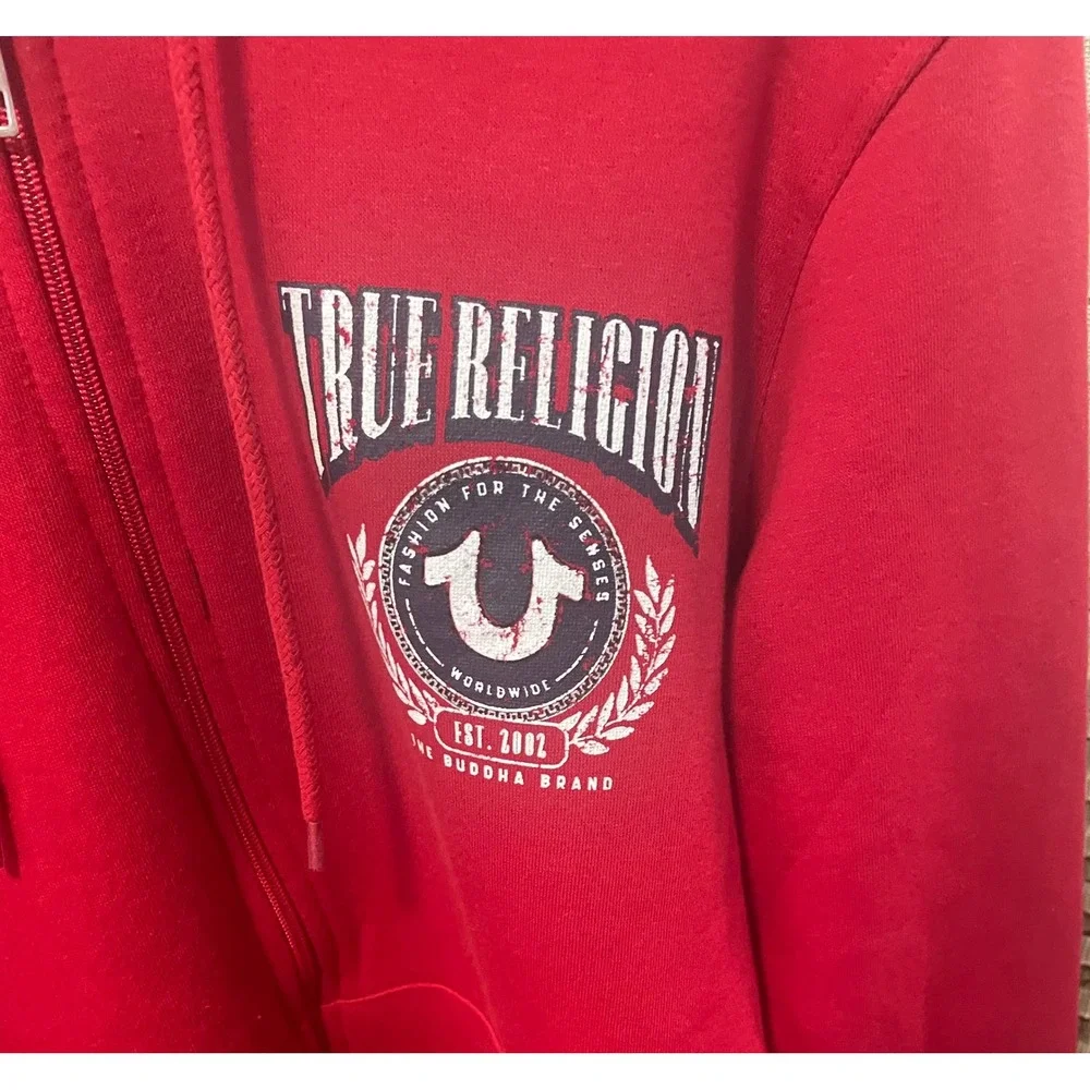 True Religion Mens College HS Zip Hoodie Red Distressed Logo Sweatshirt L